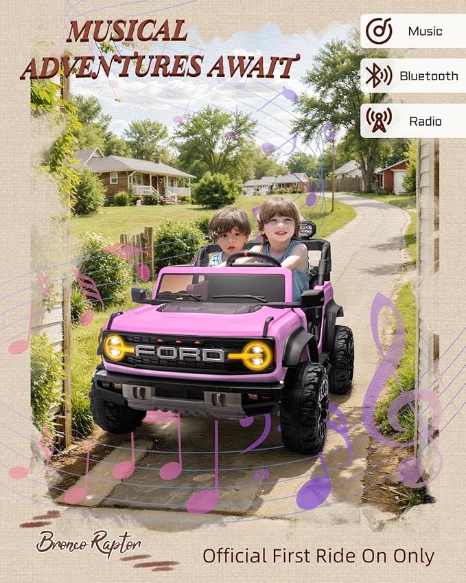 24V Ride on Toys for Big Kids, Licensed Ford Bronco Raptor 2 Seater Ride on Cars with Remote Control, Ride on Truck w/ 4-Wheeler Suspension, 3 Speeds, Led Lights, Bluetooth (24V, Pink)