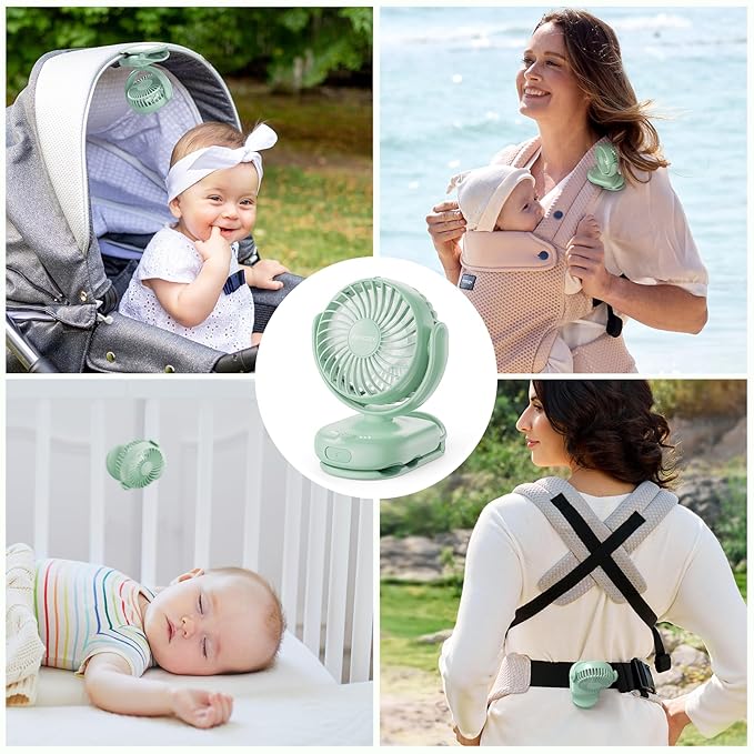 Momcozy Portable Fan with Clip | 4-Speed Mini-Fan for Carrier | Personal Fans Ultra Lighter 0.26lb | Gaps ≤4.5mm | Handheld Cooling | Rechargeable Rotate for Diaper Backpack/Stroller/Carrier/Chair