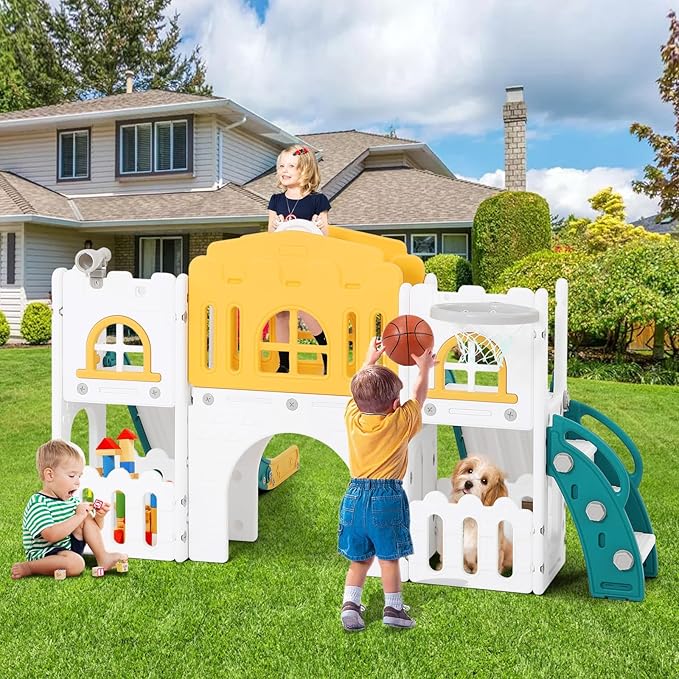 JOYLDIAS 9 in 1 Toddler Slide, Toddler Playground with Double Slides, Climber,Basketball Hoop,Tunnel, Telescope, Storage Space and Non-Slip Step, Indoor Outdoor Backyard Playset for Toddlers Age 1-3+