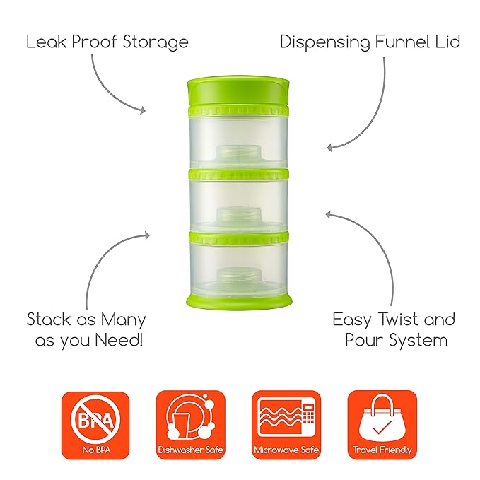 Innobaby Packin' Smart Stackable and Portable Storage System for Formula, Liquid, Baby Snacks and More. 3 Stackable Cups in Lime. BPA Free, 12 Ounce