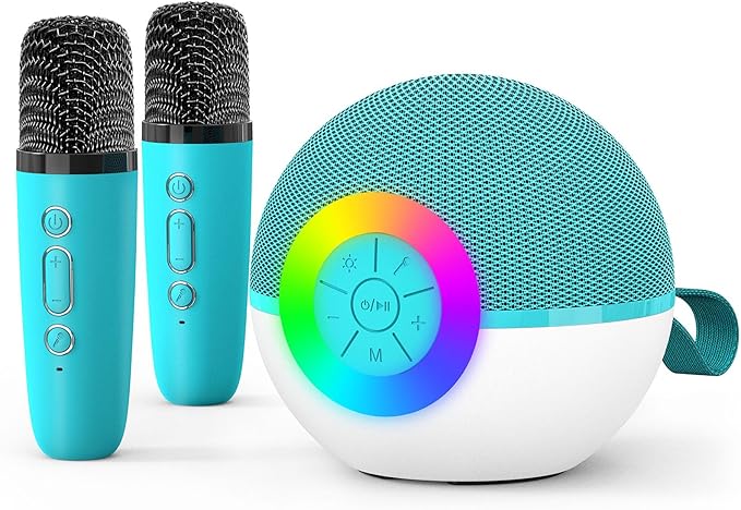 goopow Mini Karaoke Machine Speaker for Kids Adults, Portable Bluetooth Microphone Song Toys with LED Light, Best Chritmas Birthday Festival Gift for 3 4 5 6 7 8+ Year Old Girls Boys (Green-2MIC)