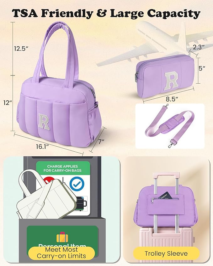 Initial Duffle Bag, Carry On Bags for Women，Gifts for Women 20s-Overnight Bag with Wet Pocket，Lightweight Travel Bags Personalized Gym Tote with Makeup Pouch