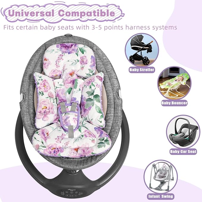 Infant Car Seat Insert, Soft Baby Car Seat Head & Body Support for Girl Boy, Reversible Newborn Preemie Carseat Insert Cushion with 3 Straps Pads Fits CarSeat, Stroller, Swing, Bouncer, Purple Floral
