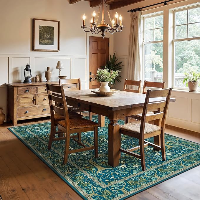 Joydeco Washable Area Rugs 5x7, Boho Floral Dining Room Rug Non Slip, Soft Low-Pile Botanical Forest Indoor Floor Throw Carpet for Living Home Office Playroom Foyer, Dark Blue