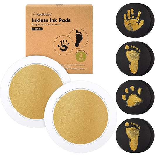 2-Pack Round Inkless Baby Hand and Footprint Kit - Mess Free Ink Pad for Newborn Keepsake, Dog Nose & Paw Print Kit, Clean Touch Ink Pad for Baby Hand & Footprints, Ideal New Mom Gifts (Gold)