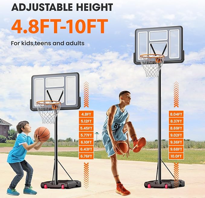 IGL Portable Basketball Hoop, 5.6-10FT Adjustable Basketball Goal System, 44 Inch Outdoor Basketball Hoop & Goals for Kids, Youth, and Adults in The Backyard, Driveway with PC Backboard