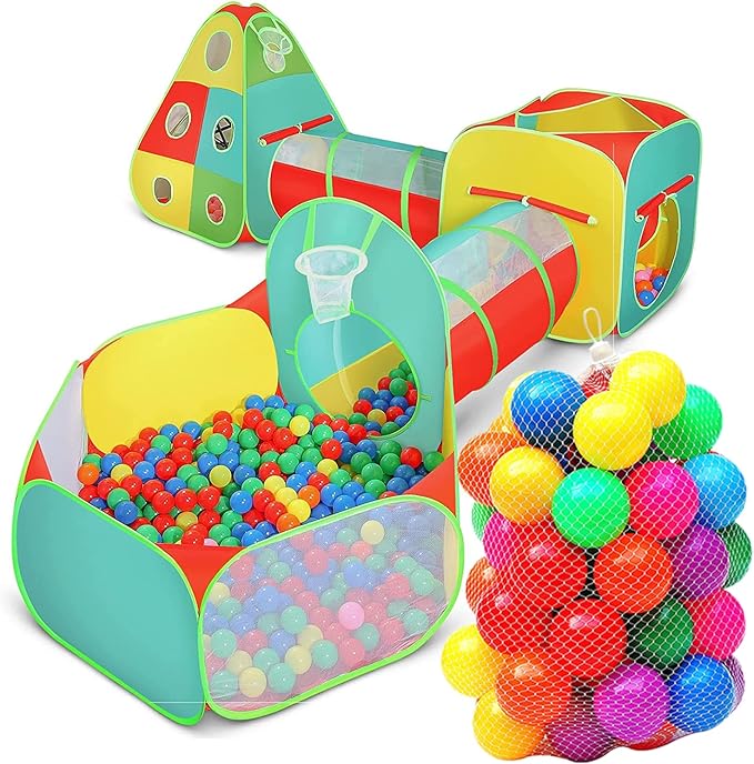 5pc Kids Play Tent for Toddlers with Ball Pit, Crawl Tunnel, Indoor & Outdoor Playhouse, Jungle Gym, Toys for Boys & Girls, Includes Dart Balls, Teepee & Basketball Hoops, (with 50 Balls)