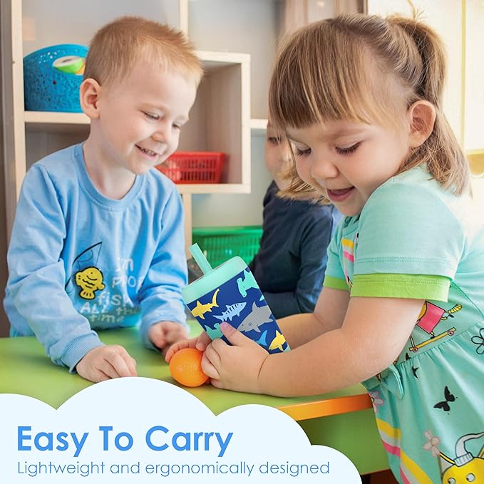 Kid Insulated Stainless Steel Tumbler with Silicone Straw, 12oz Sippy Cup for Kids (Sharks)