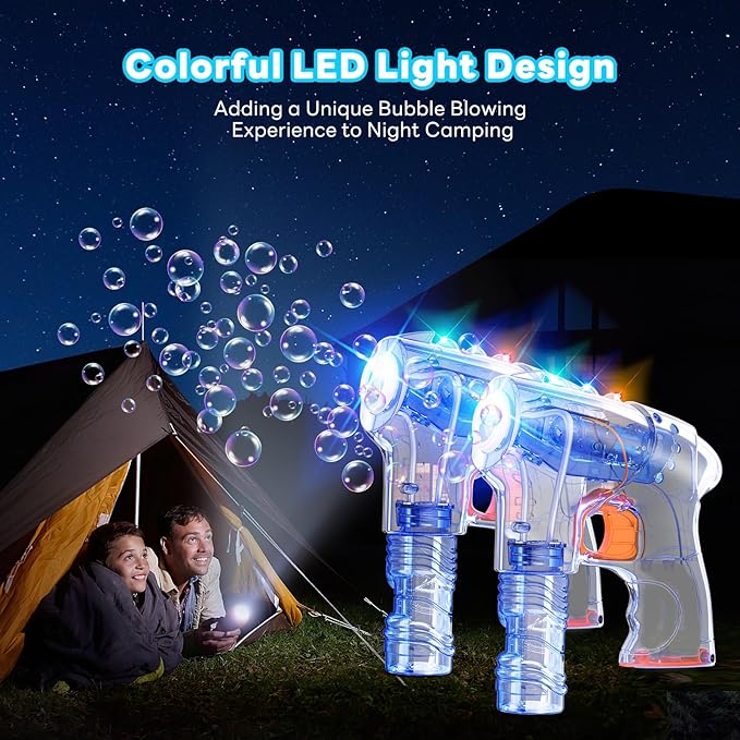 Kid Odyssey 2 Pack Bubble Gun with 4 Refill Solution and 3 Colorful LED Light, Bubble Machine for Kids, Bubble Maker for Party Favors, Birthday Gift, Indoor Outdoor Toys for Toddlers
