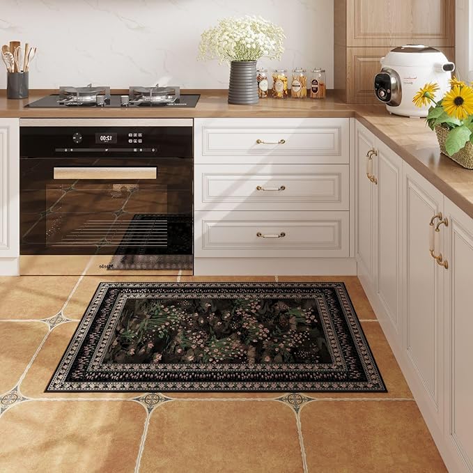 2x3 Rug Abstract Vintage Indoor Door Mat Machine Washable Small Area Rug Non-Slip Low Pile Throw Rugs for Entryway Kitchen Front Door Indoor Entrance Entry Kids Room, Black