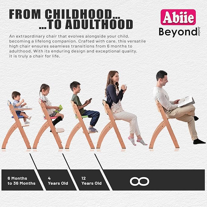 Abiie Beyond Junior Wooden High Chair with Tray - Adjustable and Convertible High Chair for Babies and Toddlers - 6 Months to 250 Lb - Water Resistant - Natural Wood with Black Pearl Cushion