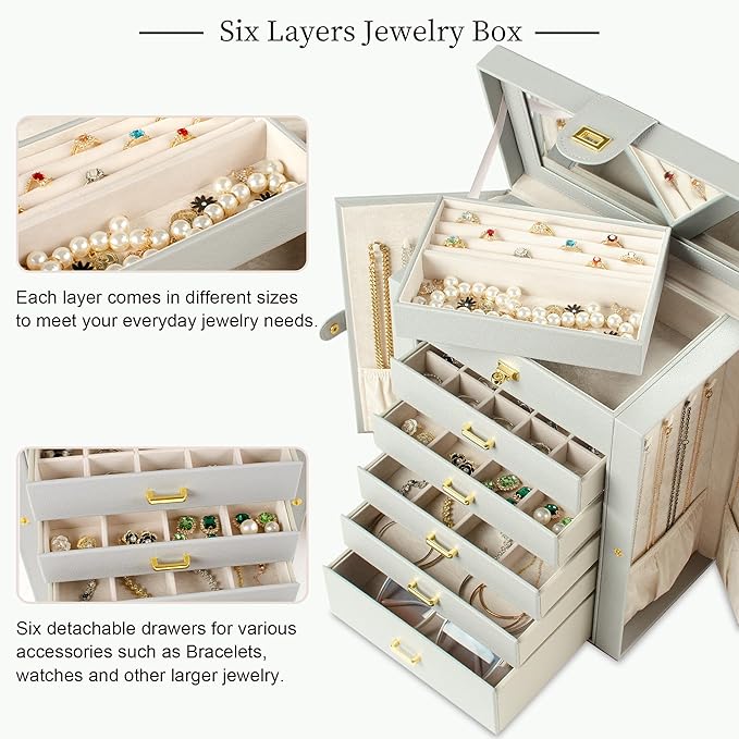 AKOZLIN Large Jewelry Box Organizer Functional Lockable with Big Mirror, Leather Jewelry Storage Case for Women Girls Ring Necklace Earring Bracelet Holder Organizer Grey