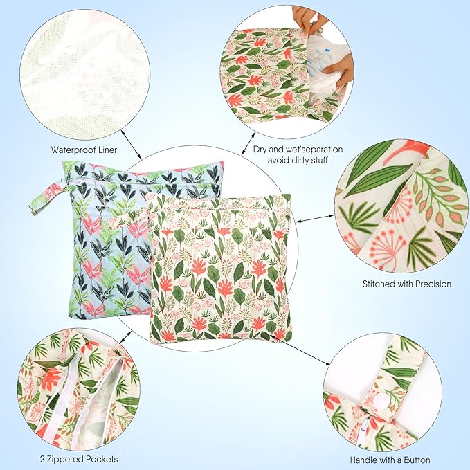 2pcs Cloth Diaper Wet Dry Bags, Waterproof Reusable Wet Bag with 2 Zipper Pockets & Handle, Washable Laundry Bags for Baby Adult Clothes Travel Beach Pool Daycare Yoga Gym Exercise Swimsuits,