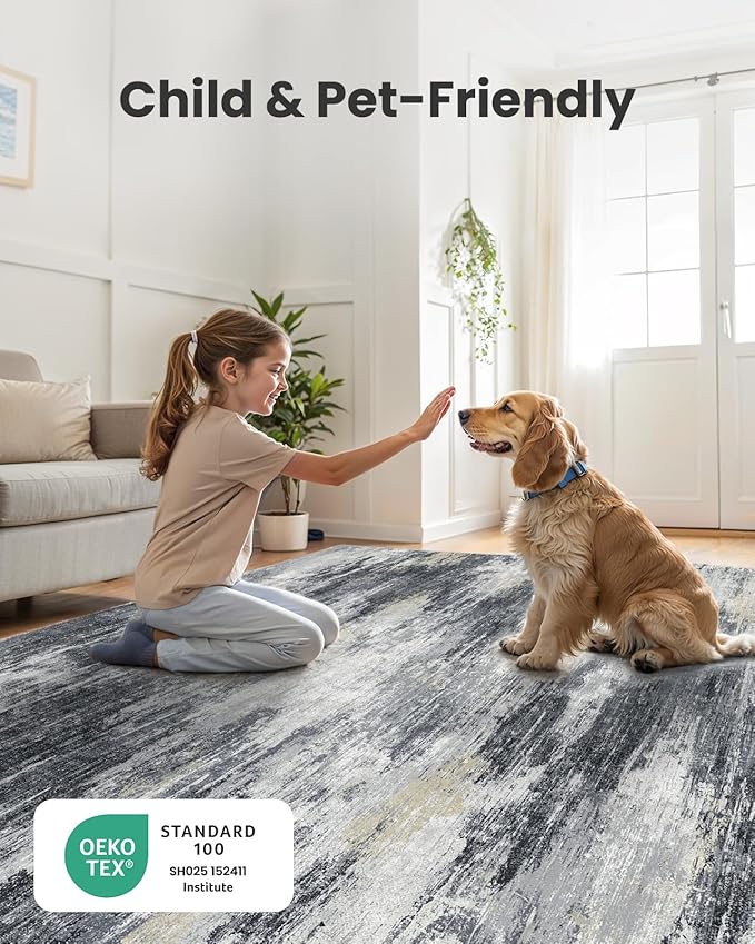 Amada 9x12 Large Area Rug, Modern Abstract Living Room Rug with Non-Slip Backing & Short Pile, Washable Rug with Abstract Pattern for Living Room, Bedroom and Dinning Room, Light Grey