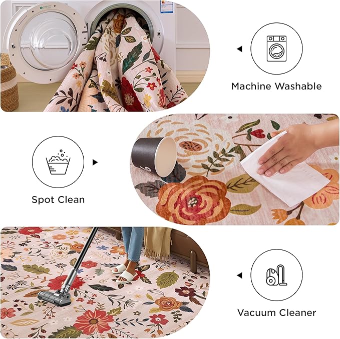 3x5 Area Rug, Floral Pink Washable Rug for Entryway, Non Slip Flower Area Rugs, Soft Low Pile Indoor Doormat Small Carpet, Rugs for Living Room Bedroom Nursery Kitchen Dining Room, Pink/Beige