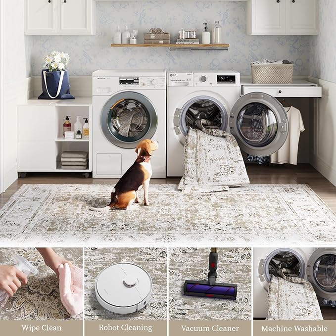 jinchan 4x6 Area Rugs for Bedroom - Machine Washable Distressed Vintage Floral Design Stain Resistant Boho Carpet Ultra-Thin Low Pile Non-Slip Rug for Living Room Dining Room Kitchen (4‘x6',Taupe)