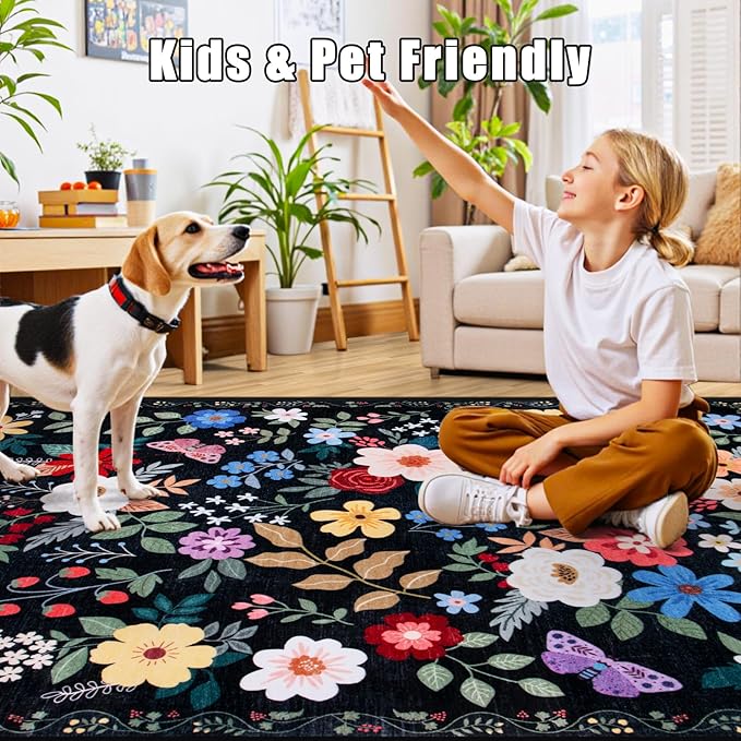 8x10 Area Rugs for Living Room: Washable Rug Vintage Large Soft Boho Floral Non-Slip Carpet Indoor Floor Stain Resistant Thin Carpets for Bedroom Dining Room Farmhouse Nursery Home Office Black