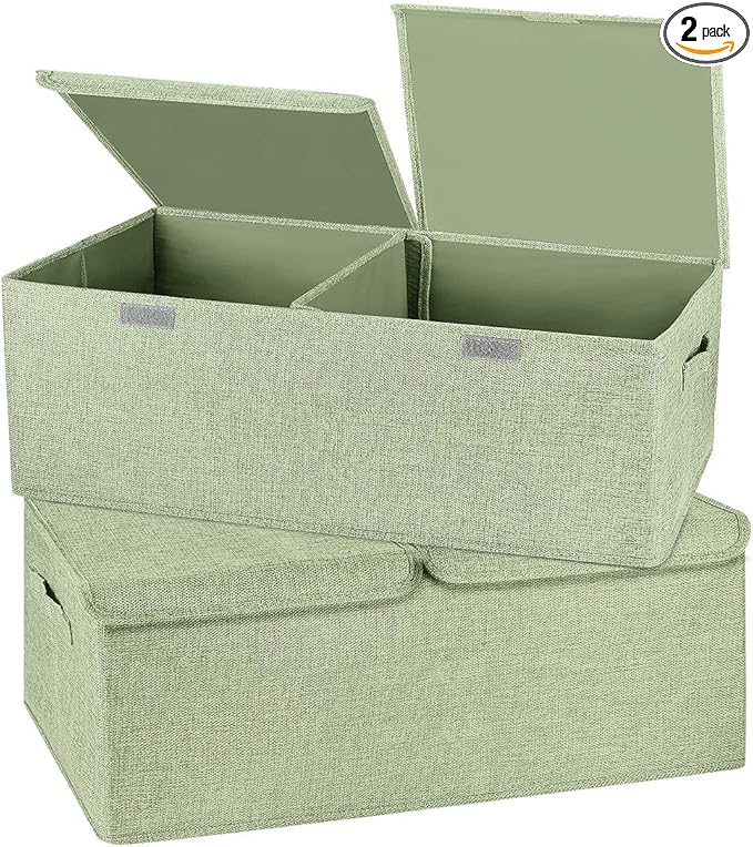 2 Pack Storage Boxes with Lids and Handles, Collapsible Linen Storage Bins Organizer Containers Baskets Cube with Removable Divider for Home Bedroom Closet Office (Green, Small)