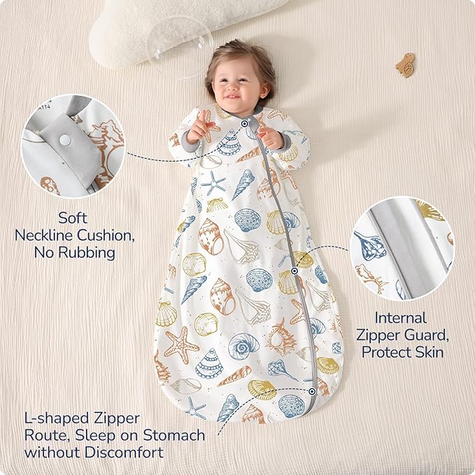 Baby Sleep Sack 18-24 Months, Cotton Detachable Long Sleeve Sleep Sack, 1.0 Tog Toddler Sleeping Sack with Temperature Strips, 2-Way Zipper Wearable Blankets for Newborns, Ocean