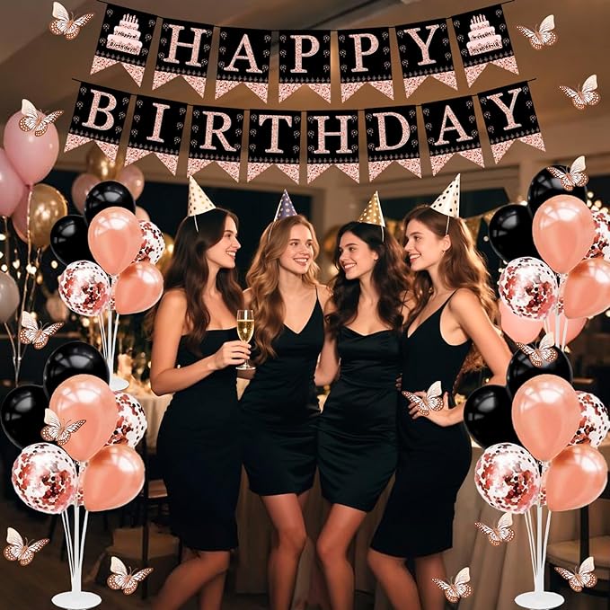 25th Birthday Decorations for Women - 56pcs Rose Gold Happy 25th Banner, Rhinestone Crown & Sash, Cake Topper, 40 Balloons, 3D Butterflies & 4 Balloon Stands (25)