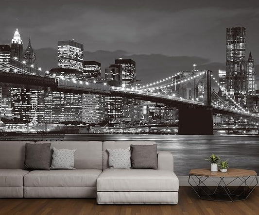 Grey City Wallpaper Brooklyn Bridge Nightscape Wall Mural for Living Room Bedroom Dining Room Office(Not Self-Adhesive)