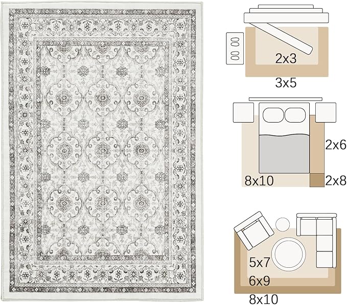 jinchan Floral 6x9 Area Rugs for Living Room - Machine Washable Vintage Distressed Boho Design Throw Rug Stain Resistant Carpet Low-Pile Thin Non-Slip for Bedroom Dining Room Nursery (6‘x9',Beige)