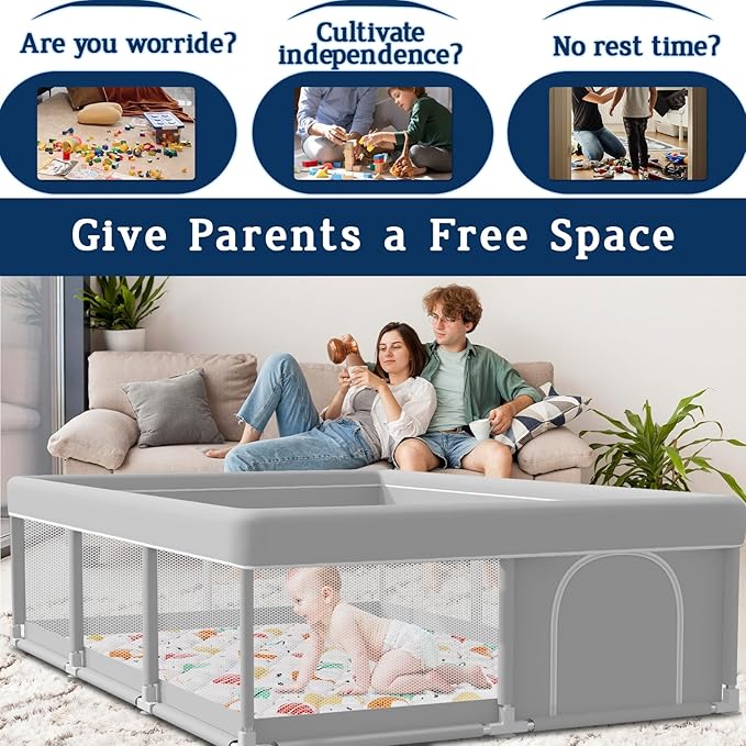 74x50 Inch Baby Playpen with Mat, Playpen with Cute Mat for Babies and Toddlers Play Pen Playards Safety Gate Fence Active Center Indoor