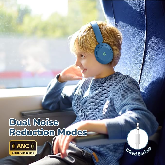 iClever BTH20 Active Noise Cancelling Headphones for Kids, 60H Play Time,Type C Fast Charging, Safe Volume 80dBA, Bluetooth5.4, Award-Winning Kids Headphones Wireless for iPad Tablet Airplane, Blue