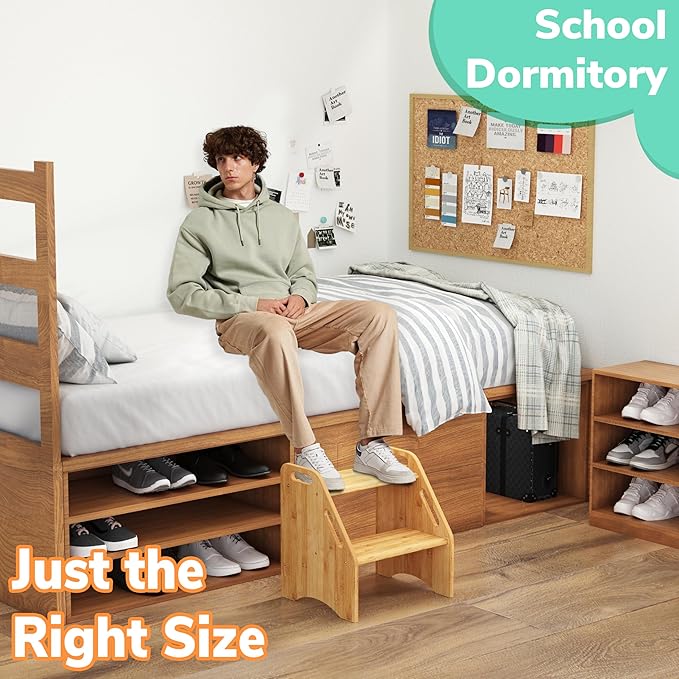 AMBIRD Wooden Step Stool, 15.75'' H Potty Training Toddler 300 lbs Capacity with Safety Non-Slip Pads and Handles, Kitchen Step Stools for Kids, Bamboo Step Stool for Bathroom, High Beds (Natural)