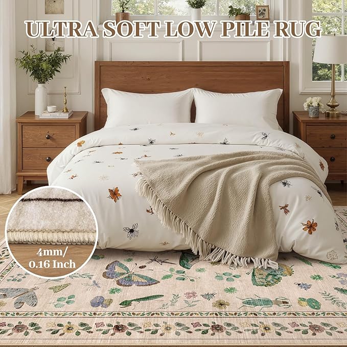 6x9 Rugs for Living Room with Insect Print - Bug Rug Non-Silp Stain Resistant Soft Carpet for Bedroom, Low Pile Ultra-Thin Machine Washable Carpet for Dining Room, Kids Nursery, Office (6'x9' Beige)