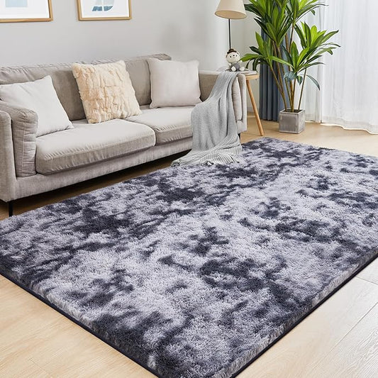 6x9 Area Rugs for Living Room, Fluffy Shaggy Bedroom Rug Indoor Carpet, Anti-Skid Soft High Pile Rug for Nursery, Kids Room, Bedside, Home Decoration, Tie-Dyed Dark Grey