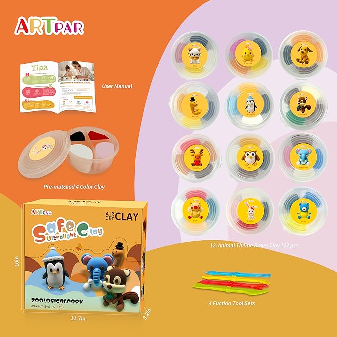Air Dry Clay Kits for Kids-Modeling Magic Clay,12 Animals DIY Molding Clay Art Crafts Set,Ultra Light & Soft, Safe & Non-Toxic with Sculpting Tools & Tutorials, Unique Gifts for Boys & Girls