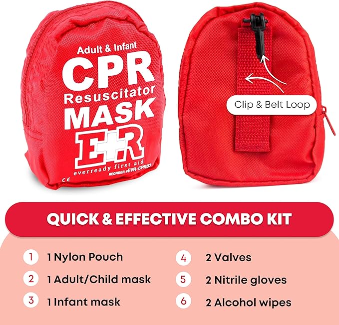 Adult and Infant CPR Mask Combo Kit – Includes 2 CPR Masks with One-Way Valves, Pair of Vinyl Gloves, 2 Alcohol Prep Pads – Portable Emergency CPR Kit – Red
