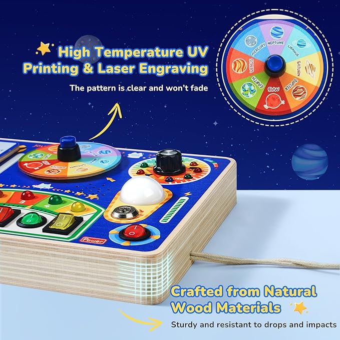 JoyCat Busy Board with Led Light, Toddler Toys for 1 2 3 4 Year Old Boys and Girls, Wooden Sensory Toys with Music, Travel Toy for Toddlers 1-3, Birthday Presents (Blue)