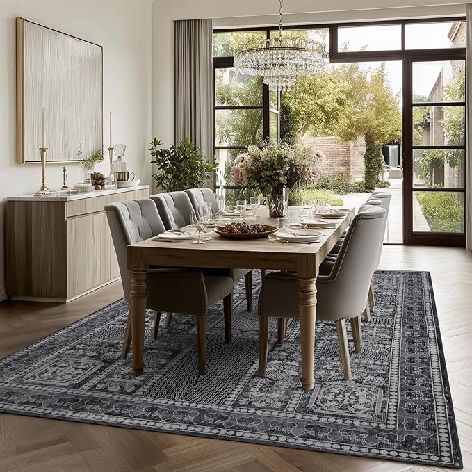 9x12 Area Rug Living Room Rugs, Stain Resistant Washable Rug, Vintage Large Non-Slip Backing, Low Pile Lightweight Print Rug for Bedroom Dinning Room Home Office (Grey)