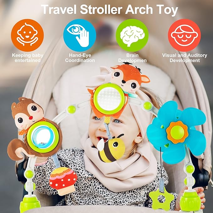 Adjustable Arch Bassinet Toys for Infant & Toddlers, Stroller Arch, Baby Crib Toys with Fascinating Hanging for Stimulating Baby’s Senses and Developing Motor Skills