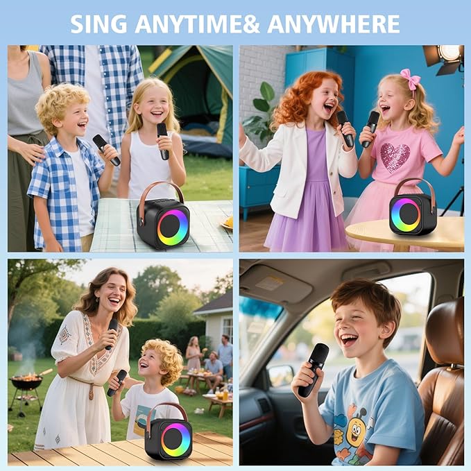 Karaoke Machine for Kids Adults, Portable Bluetooth Speaker with 2 Wireless Microphones, Portable Speaker Mini Karaoke Microphone for Home Party Birthday Gift for Girls Boys