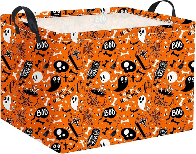 HIYAGON Rectangular Halloween Basket for Boys and Girls Kids Trick or Treat Pumpkin Basket for Halloween Parties Cute Storage Bin Organizer Box Room Decor(Yellow Halloween)