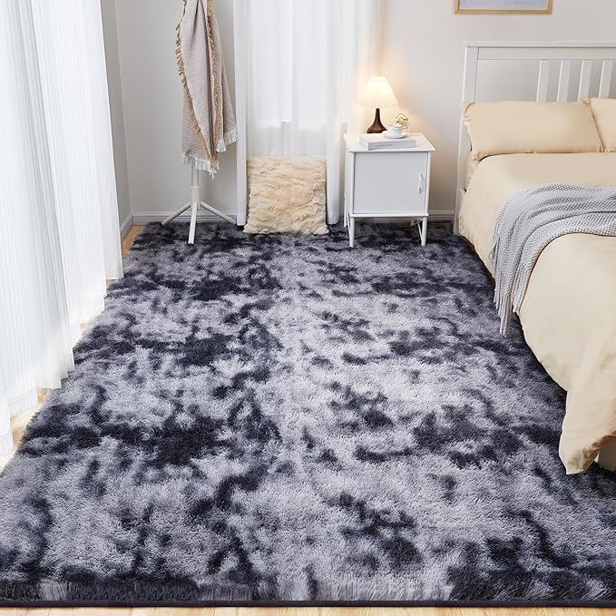 9x12 Fluffy Rugs for Living Room, Ultra Soft Plush Area Rug for Bedroom, Anti-Skid High Pile Indoor Carpet for Nursery, Kids Room, Playroom, Home Decoration, Tie-Dyed Dark Grey