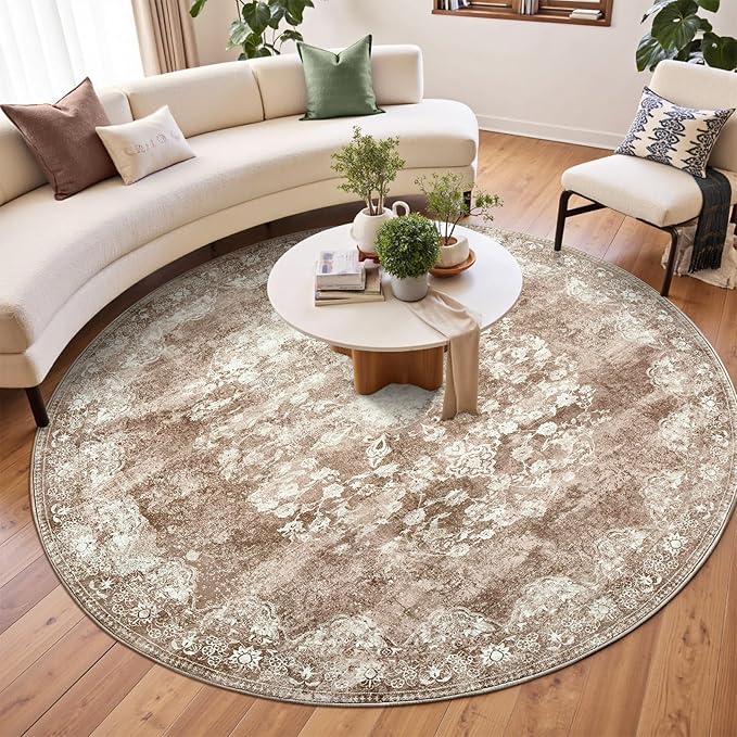 jinchan Round Rug 8ft Area Rug - Brown Vintage Floor Mat Kitchen Indoor - Washable Circle 8' Thin Floral Print Carpet Retro Farmhouse Non Slip Dining Room Living Room Bedroom Office