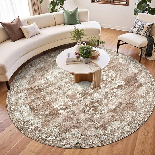 jinchan Round Rug 7ft Area Rug - Brown Vintage Floor Mat Kitchen Indoor - Washable Circle 7' Thin Floral Print Carpet Retro Farmhouse Non Slip Dining Room Living Room Bedroom Office
