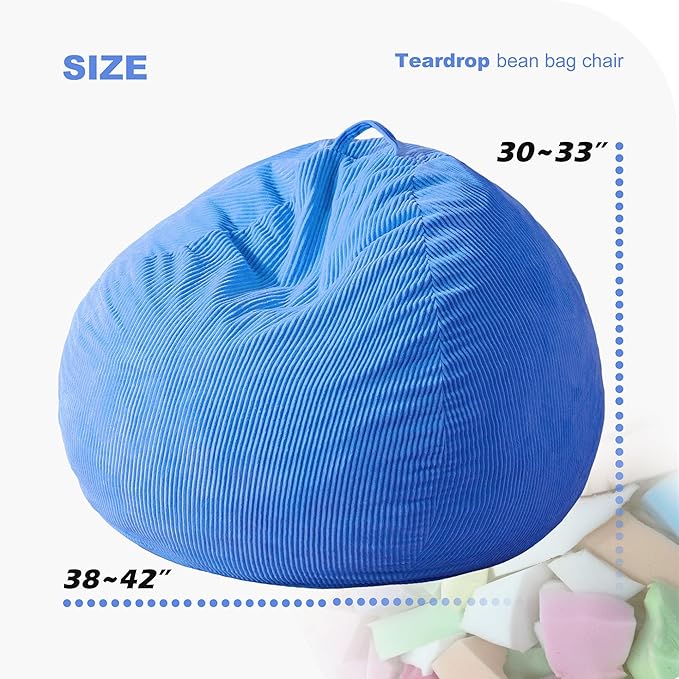 Homguava 3.5FT Bean Bag Chair: Teardrop Bean Bags with Memory Foam Filled, Compact Beanbag Chairs Soft Sofa with Corduroy Cover (Blue)