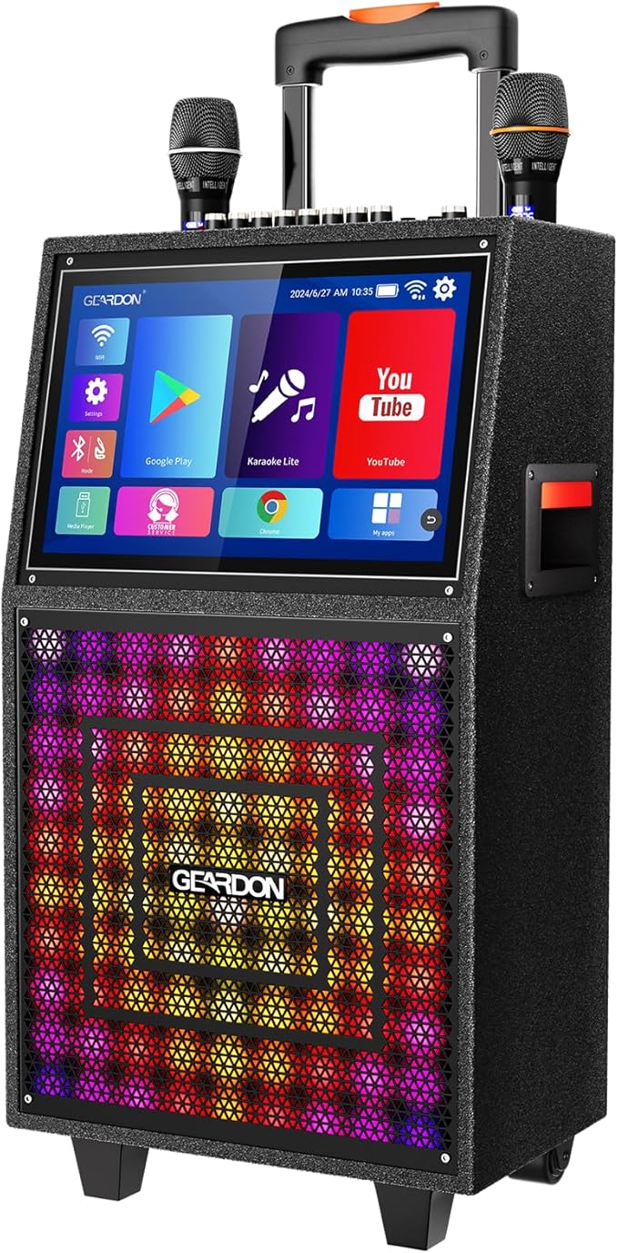 Karaoke Machine with Lyrics Display Screen for Adults, Built-in 15 Inches Tablet, Bluetooth Speaker with 2 Wireless Mics, 1000W Peak Power, DJ Lights, Portable Karaoke System for Any Occasion