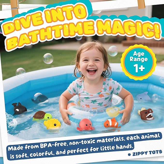 8 PCS Ocean Animal Bath Toys Mold Free Infant Bath Tub Toys for 12 Months - No Hole Bathtub Toys for Toddlers 1-3 Water Pool Toys for Baby Toddler Ages 1+
