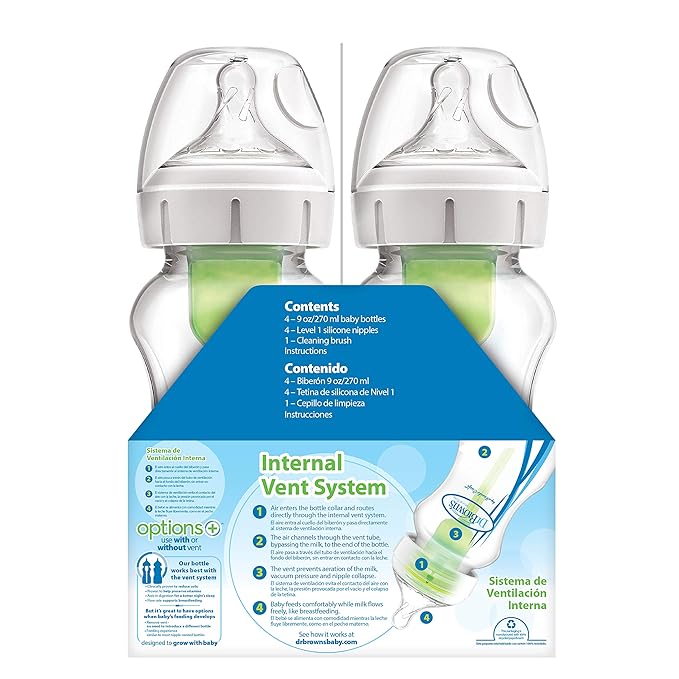 Dr. Brown's Natural Flow Anti-Colic Options+ Wide-Neck Baby Bottles, 9 oz/270 mL, with Level 1 Slow Flow Nipple, 4 Pack Good Morning/Good Night Gift Set