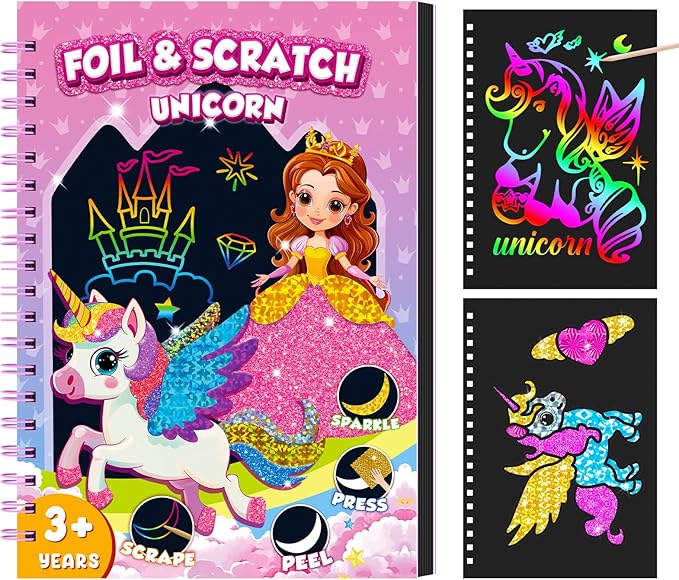 homicozy Art & Craft Activity for Kids: Foil Fun Unicorns and Princess & Scratch Art Book 2-in-1,No Mess Art Crafts for Girls,DIY Creative Activity Kit,Gifts for Girls Ages 4,5,6,7,8,9, Travel Toys