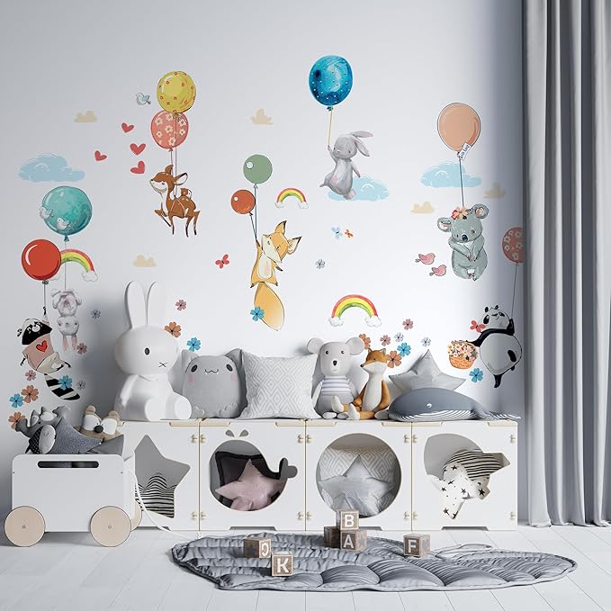 Hot Air Balloon Wall Decals by Lipastick - Peel and Stick Animal Stickers Raccoon, Fox, Koala, Panda for Kids Room, Nursery, Playroom, Bedroom - Playroom Wall Decals for Boys, Girls, Babies - M Size