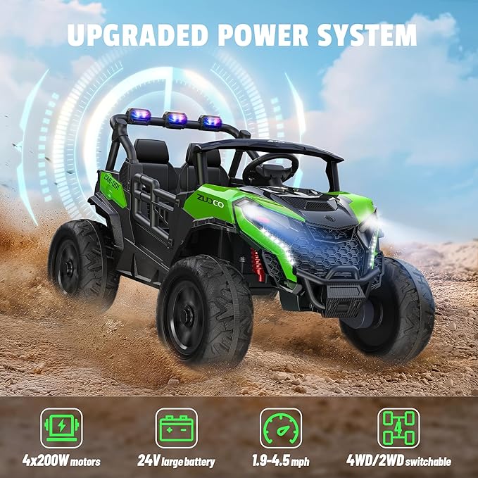 24V 2 Seater Ride on Car Truck, 4x200W, EVA Tires, Remote Control, 4WD/2WD, Rainbow Lights, Shock Absorbers, Bluetooth, Ride On UTV Toy for Kids Ages 3-8, Green