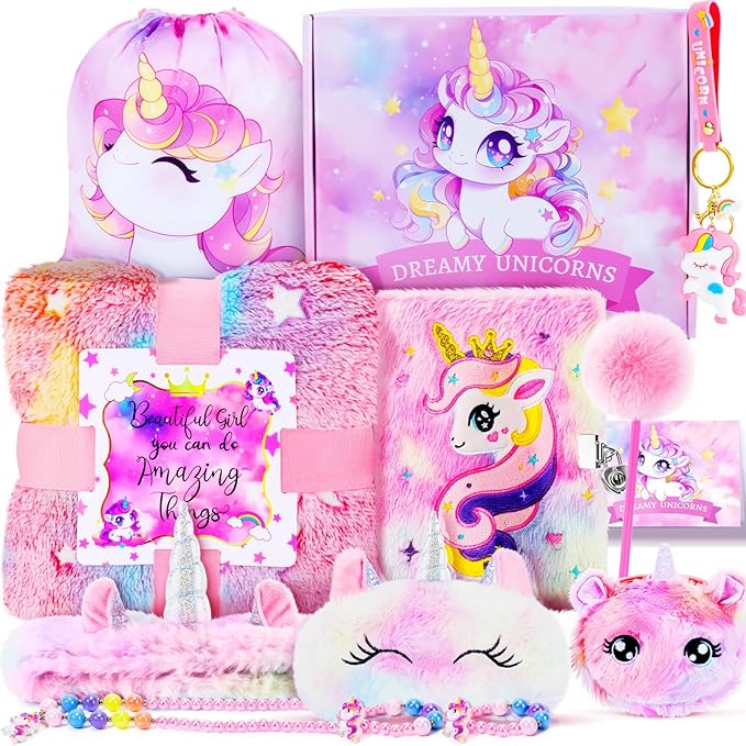 13PCS Unicorns Gifts for Girls Kids Toys 3 4 5 6 7 8 9 10 Years Old with Stationery Plush Diary with Lock/Glowing Blanket/Eye Mask/Crossbody Bag Teen Girl Birthday Christmas Unicorn Toy