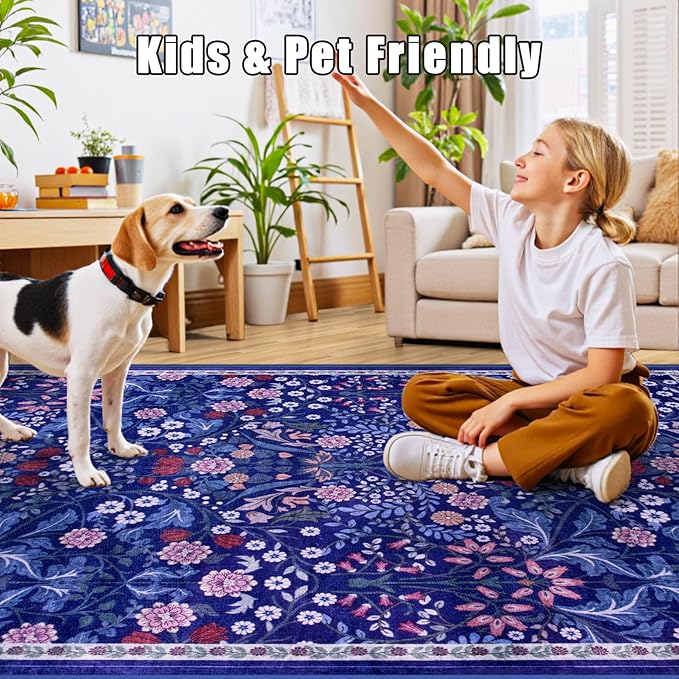 8x10 Area Rugs for Living Room: Floral Washable Rug Vintage Large Soft Boho Non-Slip Carpet Indoor Floor Stain Resistant Carpets for Bedroom Dining Room Farmhouse Nursery Home Office Blue